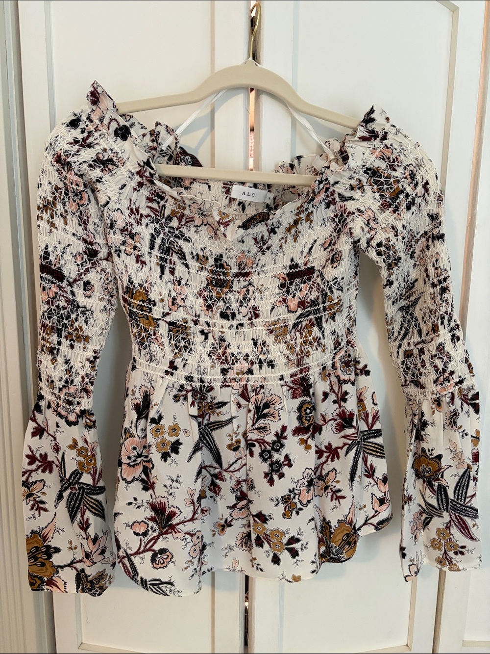 A.L.C. White Floral Smocked Off-Shoulder Silk Blouse